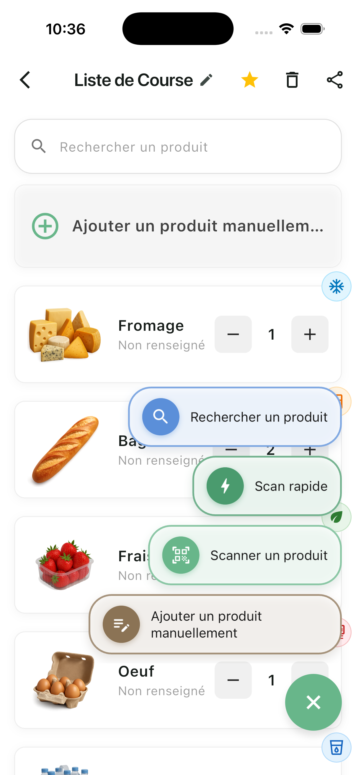 Listy — liste avec menu déroulant